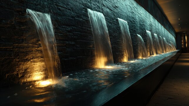 A serene water feature with illuminated waterfalls flowing gently, creating a tranquil atmosphere in a modern space.