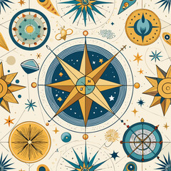 Nautical celestial map seamless pattern with golden compass stars and planets illustrated in a vintage style for creative projects