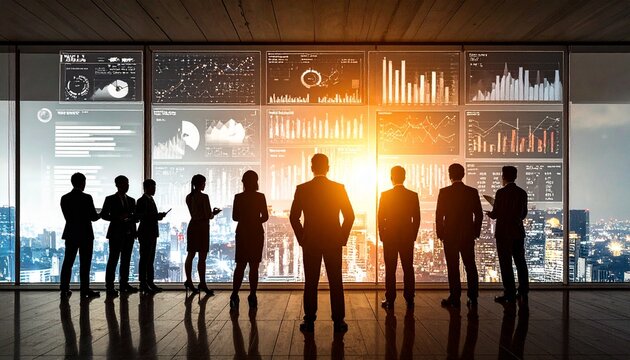 Silhouettes of business people standing over digital bar graphs, pie charts, and metrics, with abstract data visualization floating in the background."