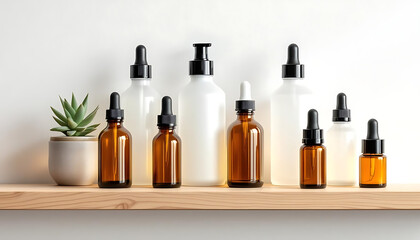 Amber and white cosmetic bottles and plant on wooden shelf, minimalist product display