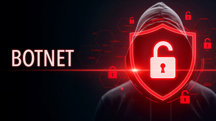 Hooded figure with glowing red shield open padlock in the center and word botnet illuminated, cybersecurity hacker threatening data systems, digital network security vulnerability threat concept