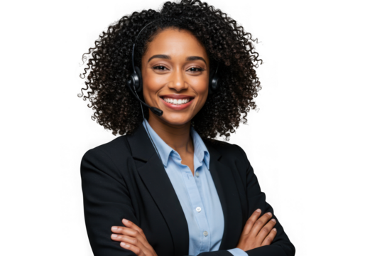 Woman smiling with headset and arms crossed on transparent background
