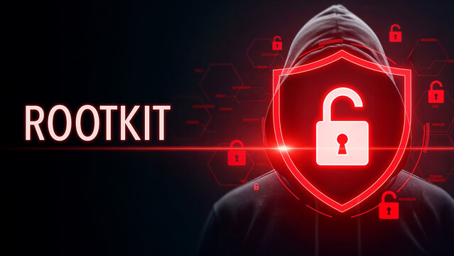 Hacker with hood in dark, glowing red unlock symbol on digital shield, rootkit cyber security risk, online data protection threat, network vulnerability hacking, internet privacy danger concept