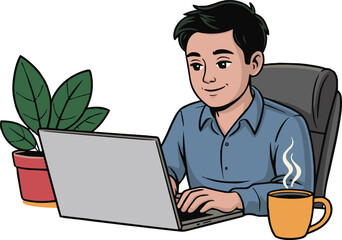 Young man smiling and working on his laptop in a casual office setting