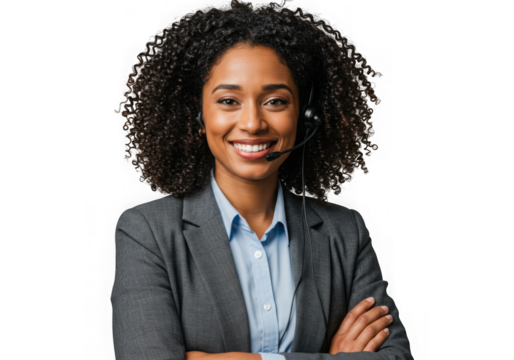 Smiling woman with headset and crossed arms on transparent background