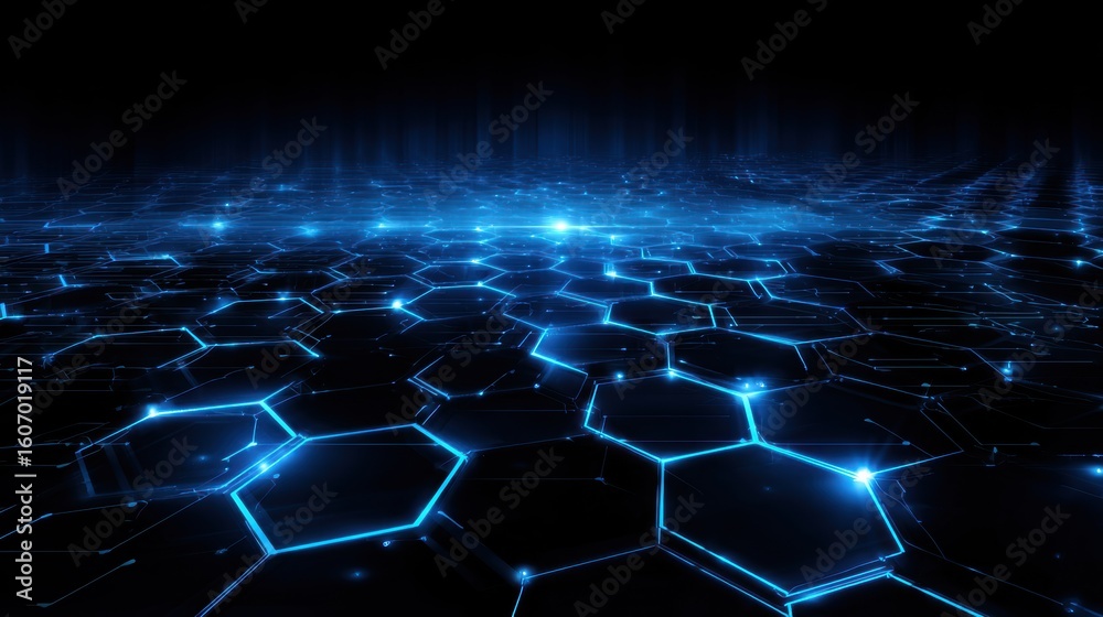 Poster a stunning abstract representation of a digital landscape with glowing hexagonal patterns and vibran