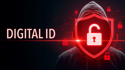 Hacker in hoodie with digital ID text and glowing padlock graphic, cyber security risk, online identity protection and privacy, digital threat cybersecurity concept