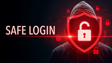Safe login with digital padlock security design, concept of protected access with neon red graphic, cybersecurity safety prevention measure for online data protection, technology protection concept