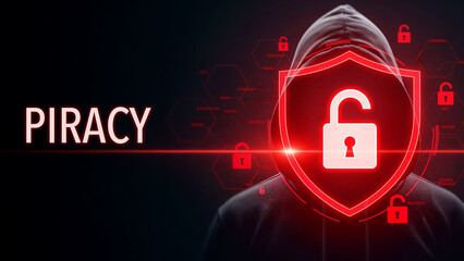 Digital security concept showing a hooded figure silhouette with a red unlocked padlock shield and the word piracy, cybersecurity threat visualization, digital infiltration hacking risk concept