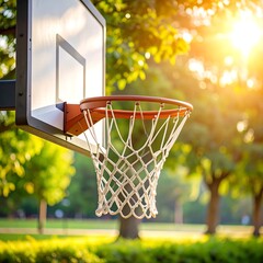 Basketball hoop in park, sunlit