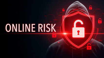 Hacker in a dark hoodie with online risk text and digital lock graphic, concept of cybercrime and data security threat on internet, technology danger and privacy protection warning concept