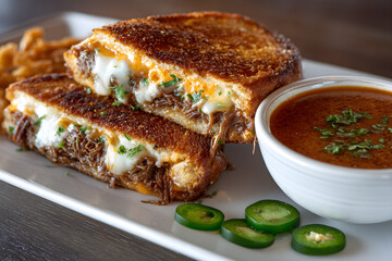 Home made Gourmet pulled pork grilled cheese sandwich with rich tomato soup and jalapenos.