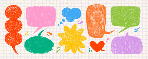 Crayon speech bubble set in orange, pink, yellow and green on checkered paper. Hand drawn vector box talk and speech cloud in playful cartoon style. Use for stickers, posters, prints, kids designs.
