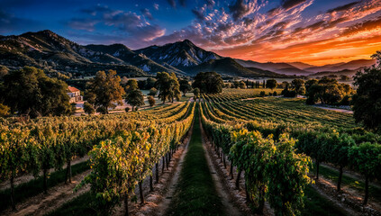Naklejka premium Colorful Vineyard Landscape At Sunset With Symmetrical Rows Of Grapevines And Rolling Mountains In Background