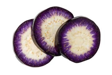 Close-up of three vibrant purple slices.  Each slice displays a  creamy-white center radiating out to deep purple.  Tiny specks of golden yellow dot the white.  Slices overlap slightly
