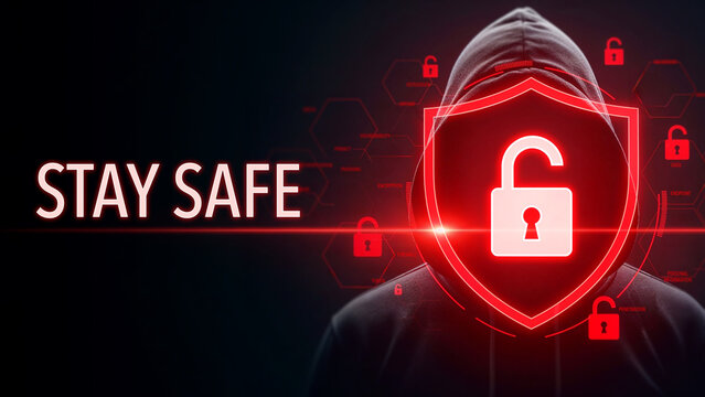 Stay safe caution message with red digital shield and padlock icon, hooded figure in dark background, cybersecurity internet protection and online security digital safety concept