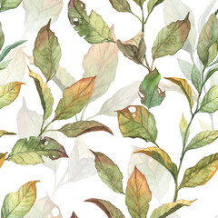 Square seamless pattern with detailed realistic botany - herbarium leaves. High quality design plants and leaves foe wallpapers, fabric and textile, wrapping paper