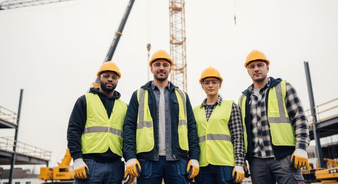 Skilled laborers in safety helmets standing side by side symbolizing strength and teamwork in construction.