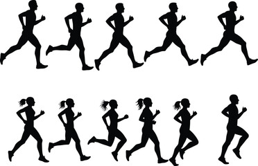 Dynamic Silhouettes of Male and Female Runners in Various Poses, Ideal for Fitness, Exercise, and Active Lifestyle Designs, Perfect for Health-Related Content, Digital Art, Flat Vector Illustration.