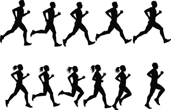 Dynamic Silhouettes of Male and Female Runners in Various Poses, Ideal for Fitness, Exercise, and Active Lifestyle Designs, Perfect for Health-Related Content, Digital Art, Flat Vector Illustration.