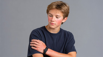 Teenage boy with red patches on face and arms, scratching skin affected by eczema or dermatitis 