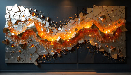 Abstract metallic wall art with geometric shards and glowing orange lights resembling an explosion or energy burst.