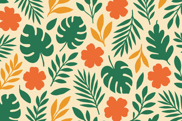 Vibrant tropical leaf and flower pattern in warm earthy tones