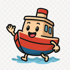 A charming cartoon boat with a red hull and a small cabin, depicted with a happy face and arms waving, isolated on a clear background.