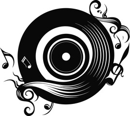 Black vinyl record with musical notes and ornate swirls treble clef