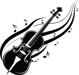 Black violin with musical notes and swirling lines white instrument © Natural vibes