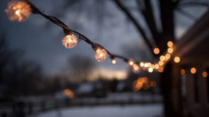 Decorative christmas lights hanging in backyard garden for festive evening party celebration creating warm cozy atmosphere with glowing bulbs illuminating outdoor space at night with beautiful shine