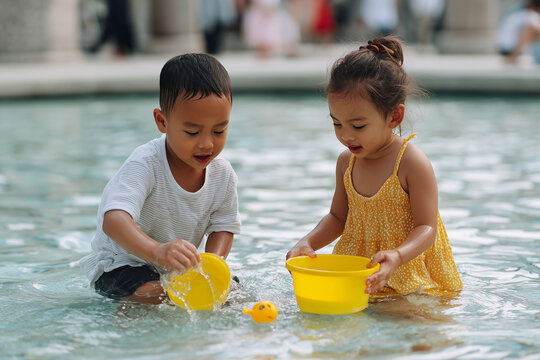 children playing with buckets and toy fish in a shallow outdoor pool, 