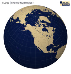 Vector Globe centered to Pacific Northwest. Dark Blue Pale Peach palette. World map with meridians, parallels, countries, rivers and lakes. Classic vector illustration.