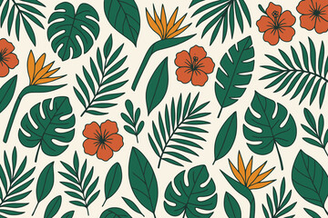Vibrant tropical floral and leaf pattern with exotic plants