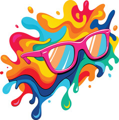 Pink framed sunglasses with colorful abstract paint splashes eyewear