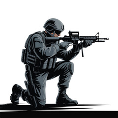 Fototapeta premium Illustration of soldier kneeling and aiming rifle in tactical gear suit