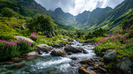 Serene mountain stream flowing through lush green valley with vibrant wildflowers and towering peaks in the background