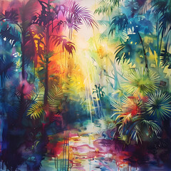 A vibrant watercolor depiction of a tropical rainforest scene. Palm trees and foliage create a layered environment with light streaming through the canopy. The colors are bold.