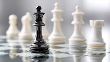 Top-down view of modern glass chessboard on reflective table, black king surrounded by white pieces, checkmate situation, sleek corporate background, business metaphor 