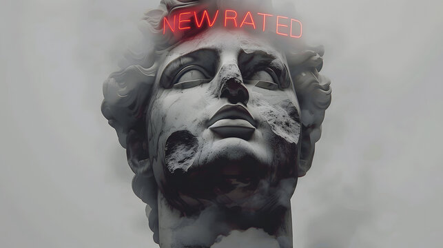 A marble statue of a classical figure features prominently, with 'NEW RATED' in glowing red neon text above its head.  The background is a smoky, light grey gradient. - Powered by Adobe