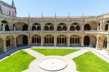 Lisbon, Portugal - July 6 2025: The stunning beautiful cloister of Jerónimos Monastery in Lisbon...