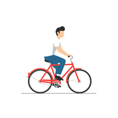 Obraz premium Man riding a red bicycle with white tires wearing blue pants and a white shirt.
