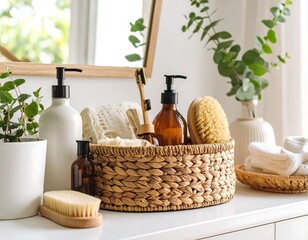 Bathroom vanity with basket of toiletries