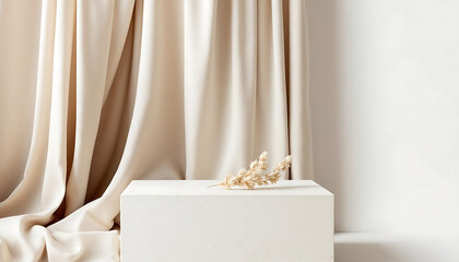 Beige fabric backdrop with white textured platform and dried flowers for product display