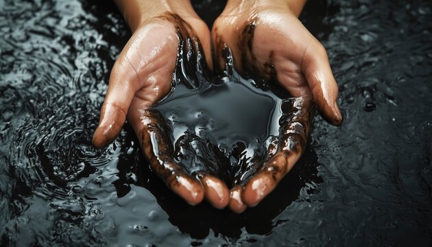 Caucasian Hands Holding Crude Oil After Leak: Petrochemical Refinery Process And Environmental Impact Of Oil Spill.