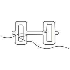 Minimalist one line drawing of dumbbell for gym and fitness, modern continuous line art, simple black outline, isolated on white background illustration.