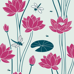 Seamless Pattern of Pink Lotus Flowers from Udon Thani – Watercolor Botanical Design for Fabric and Backgrounds