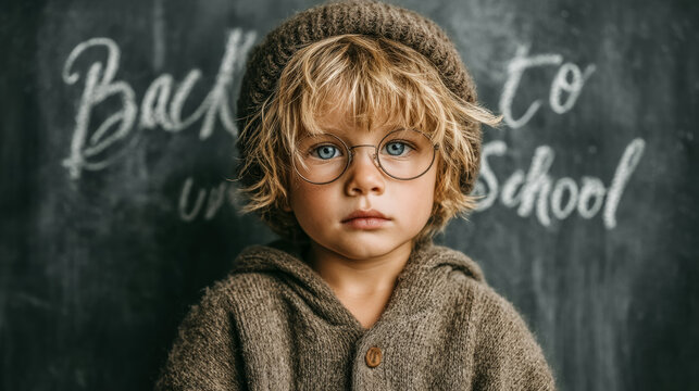 Thoughtful young boy with glasses and curly hair in front of a classroom chalkboard
