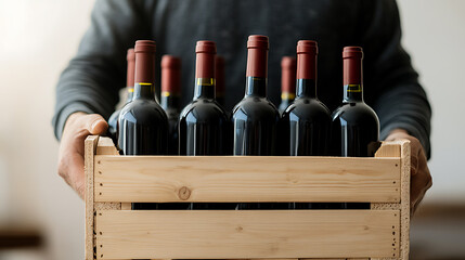 A man in a gray sweater carries a wooden crate full of wine bottles with red tops, showcasing a delivery or storage concept. Transportation and wine concept.