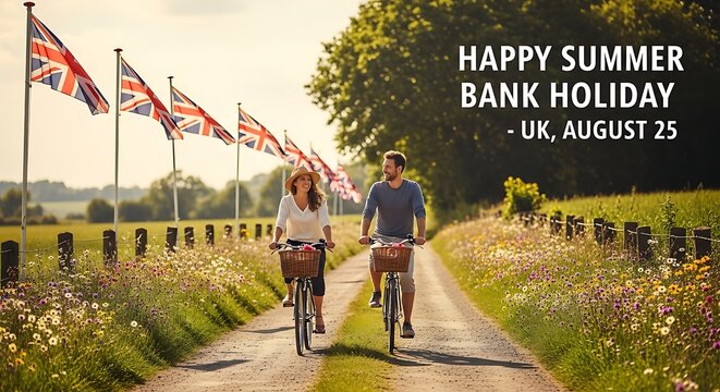 Couple enjoys a bike ride along a British countryside lane adorned with Union Jack flags
